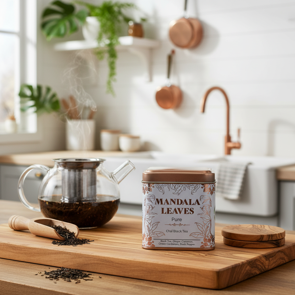 A tin of Mandala Leaves Pure Black Tea sits on a wooden cutting board in a bright, modern kitchen setting, alongside a glass teapot, a wooden scoop with loose tea leaves, and a wooden lid.