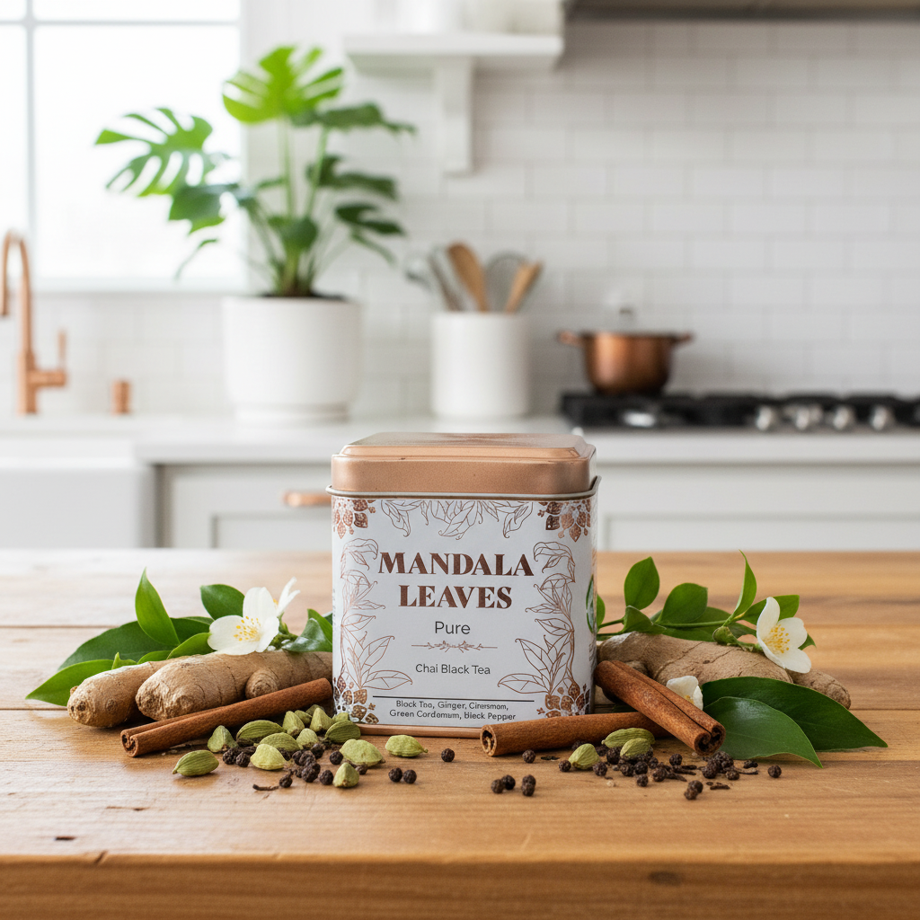 A tin of Mandala Leaves Pure Black Tea sits on a wooden table surrounded by ginger roots, cinnamon sticks, cardamom pods, and white flowers. The background shows a softly blurred, bright kitchen with a potted plant and a stove.