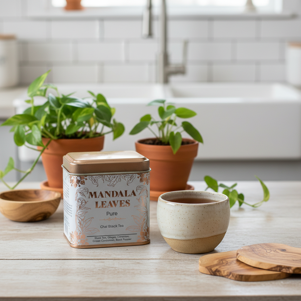 A tin of Mandala Leaves Pure Chai Black Tea sits on a wooden table in a bright kitchen setting, styled with a ceramic cup of tea, potted plants, and wooden coasters.