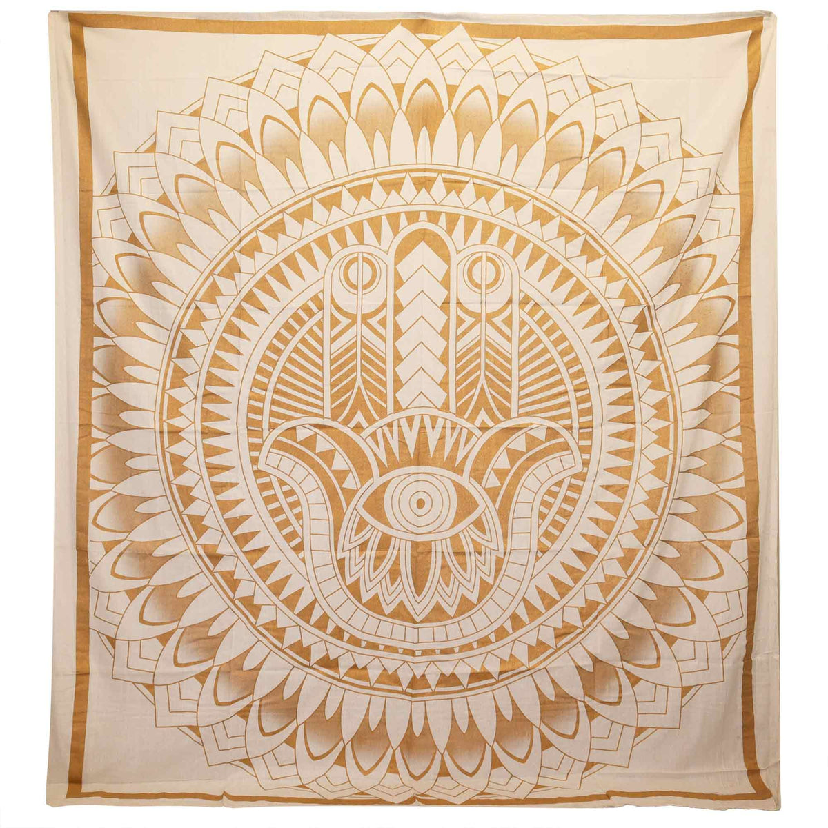 Gold and Cream coloured thin cotton wall hanging with Hamsa hand design on a white background