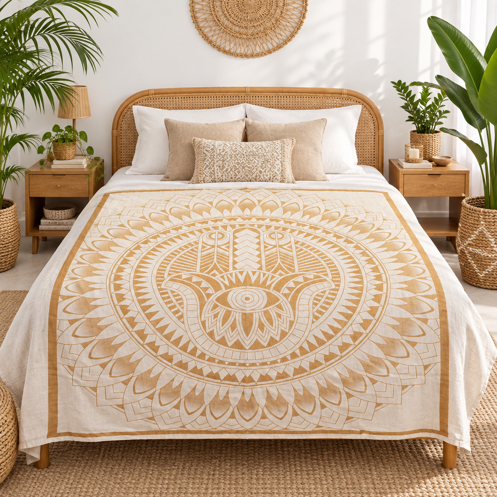 A bed dressed in a cream and gold boho-style patterned bedspread, styled in a bright, modern bedroom with a rattan headboard, bedside tables, lamps, and potted plants.