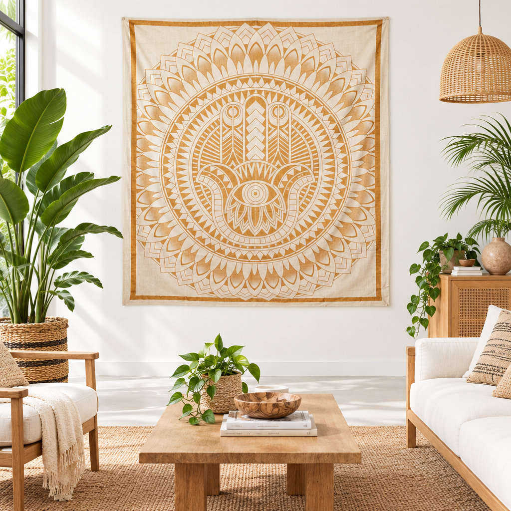 A large bohemian-style wall hanging with a detailed Hamsa hand and mandala pattern in warm tan and cream hangs on a white wall in a bright, modern living room with plants, a wooden coffee table, and a white sofa.