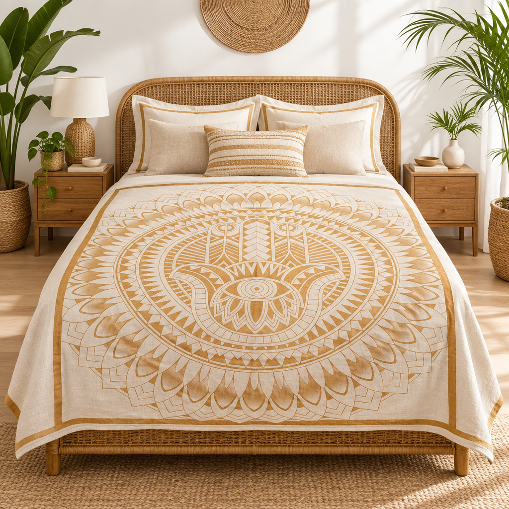 A bed dressed in a cream and gold bohemian-style patterned throw, styled with matching pillows in a warm, sunlit bedroom with wooden nightstands, plants, and a woven headboard.