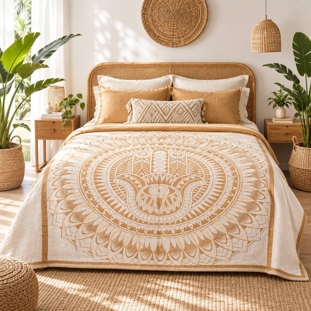 A bed dressed in a cream and gold boho-style patterned bedspread, styled in a bright, modern bedroom with a rattan headboard, bedside tables, lamps, and potted plants.
