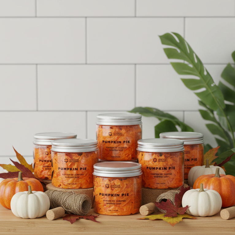 Five jars of pumpkin pie soap arranged on a wooden surface with small pumpkins, autumn leaves, twine, and a white subway tile wall background.