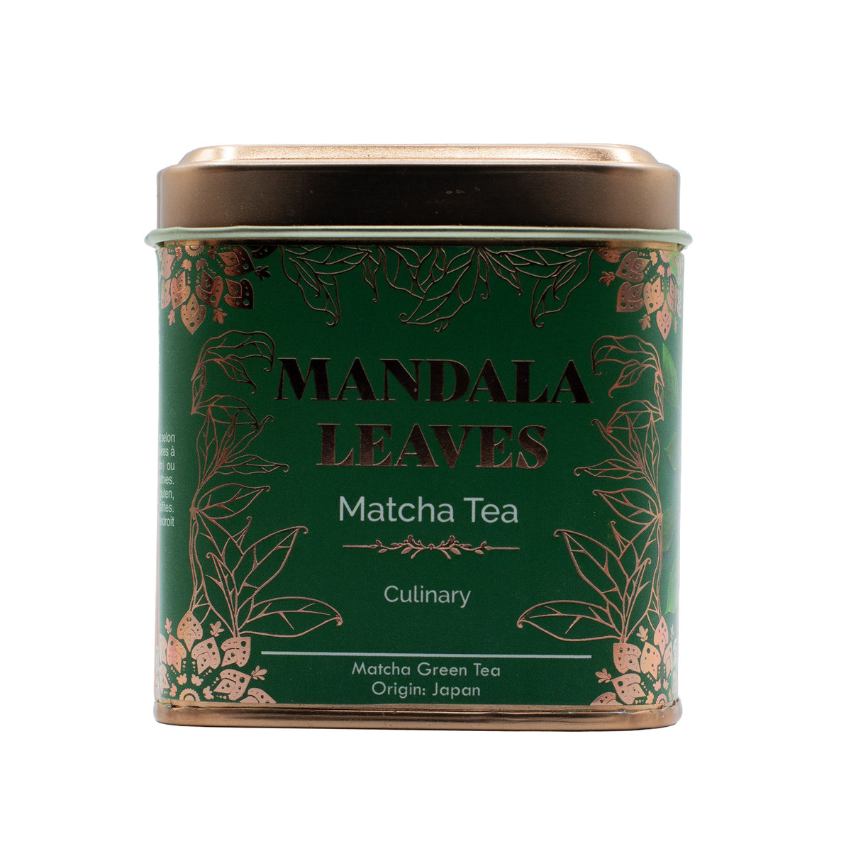 Green tea canister with 'Mandala Leaves' branding on a white background