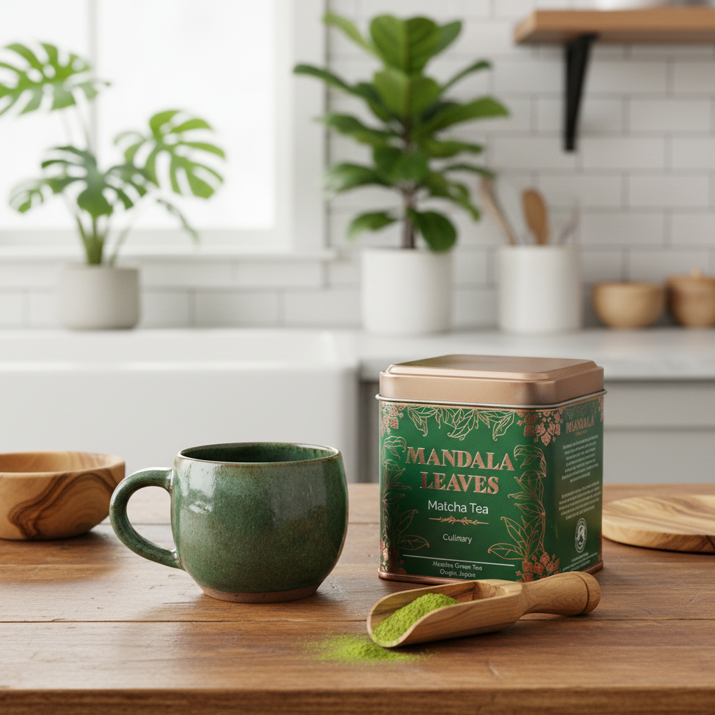 A tin of Mandala Leaves Matcha Tea sits on a wooden countertop next to a green ceramic mug and a small wooden scoop of loose matcha powder, with a blurred kitchen background featuring potted plants.