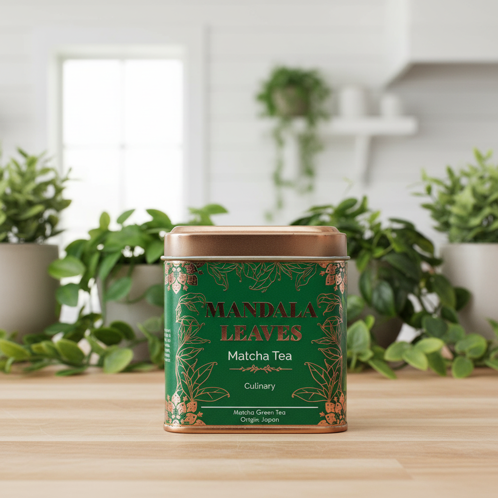 A green tin of Mandala Leaves Matcha Tea sits on a light wooden table, with blurred potted green plants and a bright kitchen background.