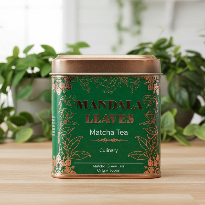 A square metal tin of Mandala Leaves Matcha Tea sits on a light wooden surface with blurred green potted plants in the background. The tin has a dark green label with gold botanical illustrations and a metallic copper-brown lid.