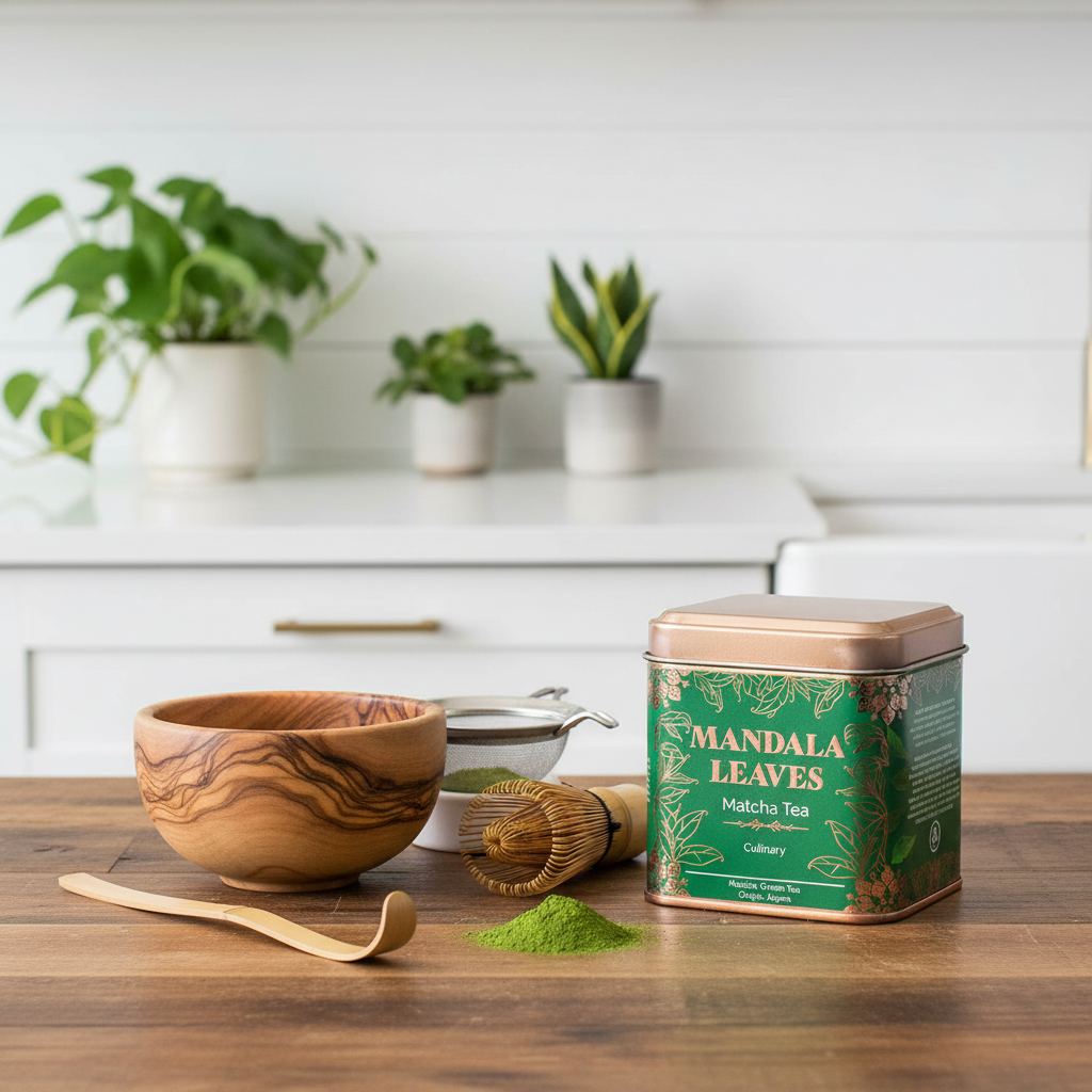 A tin of Mandala Leaves matcha tea stands on a wooden table in a bright kitchen setting, surrounded by a wooden bowl, wooden spoon, bamboo whisk, and a small pile of green matcha powder.