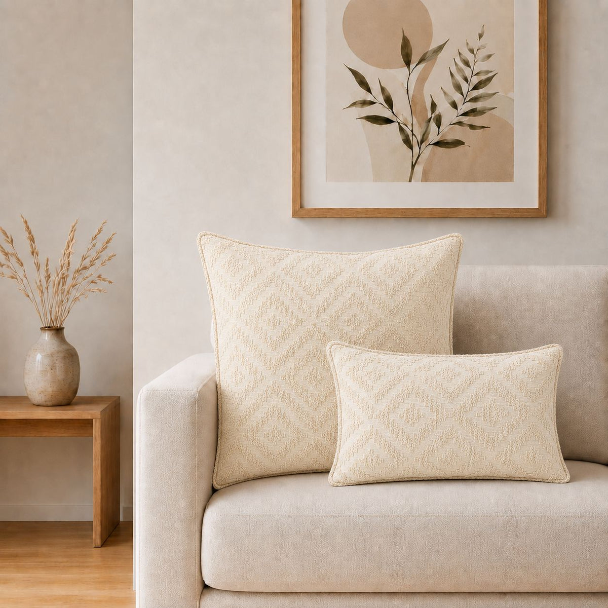 Two textured cream throw pillows with a subtle geometric pattern, styled on a light beige sofa in a modern living room setting.