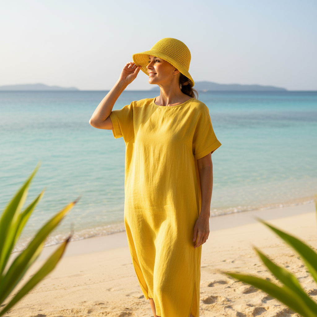 A woman wearing a loose yellow short-sleeve dress and matching yellow sun hat stands on a sandy beach with turquoise water and distant landforms in the background.