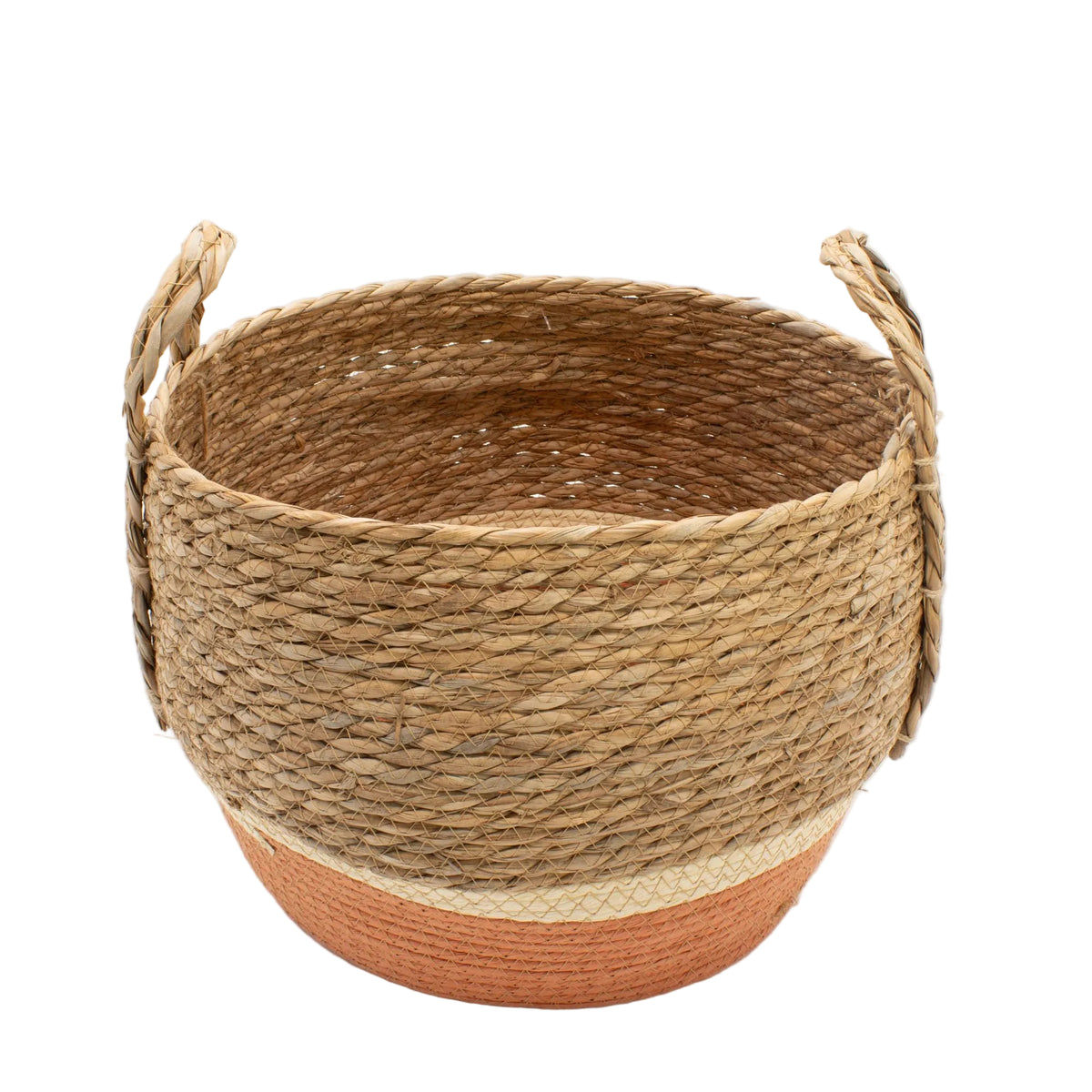 Large natural woven basket with an orange base and two side handles.