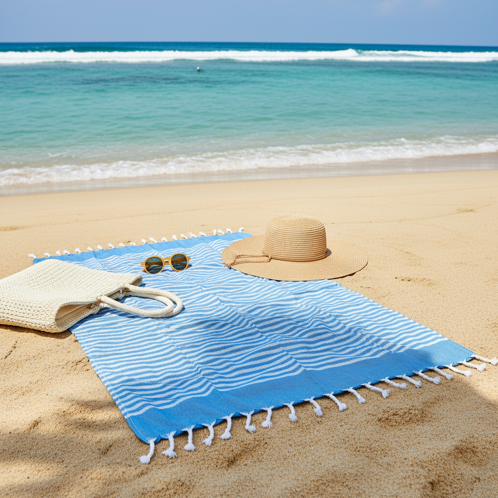 A blue and white striped beach towel with white tassels is spread on a sandy beach, styled with a beige straw hat, a cream woven handbag, and gold-framed sunglasses, with turquoise ocean waves in the background.