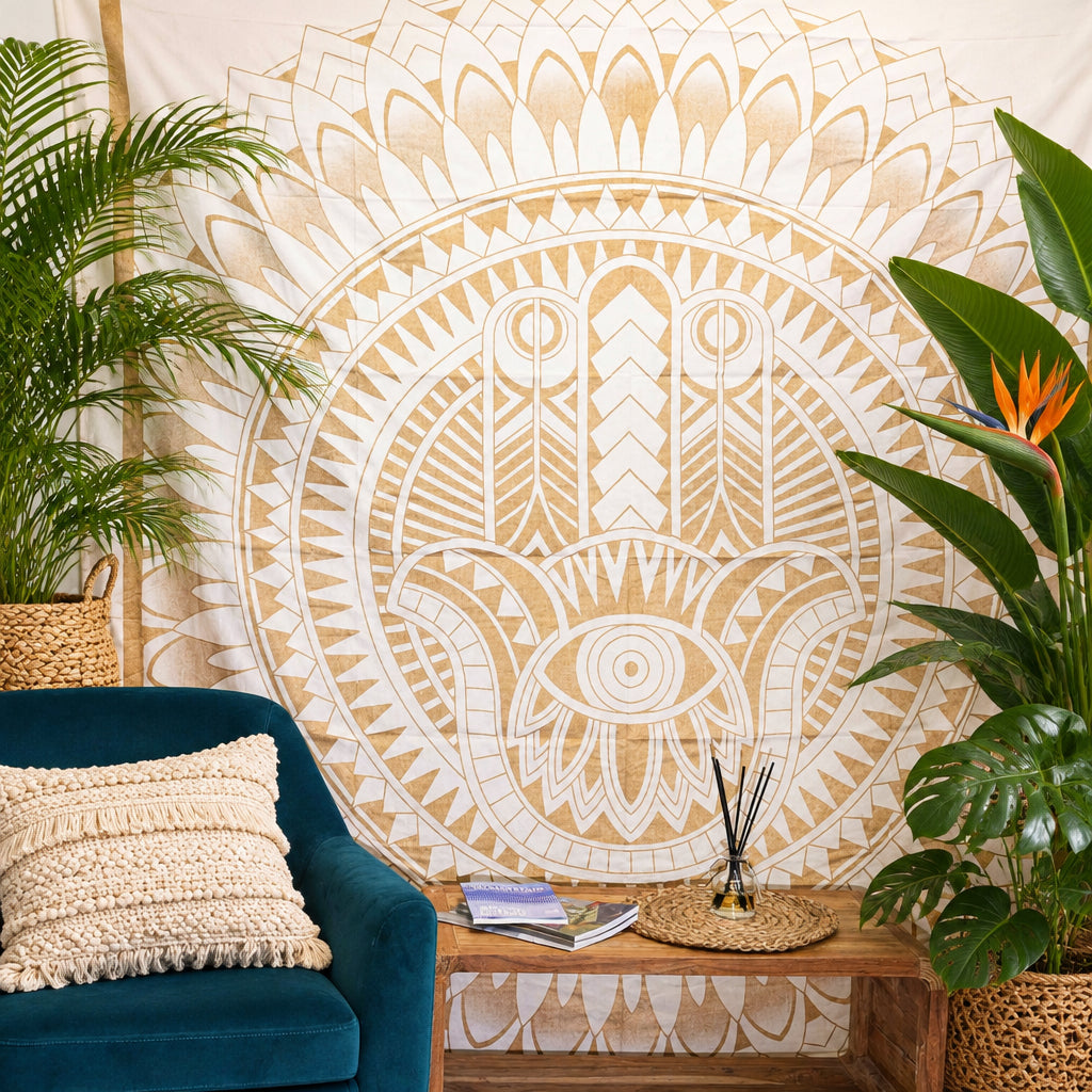 Decorative wall hanging with geometric patterns in a room with a blue chair, exotic plants, and a wooden table.