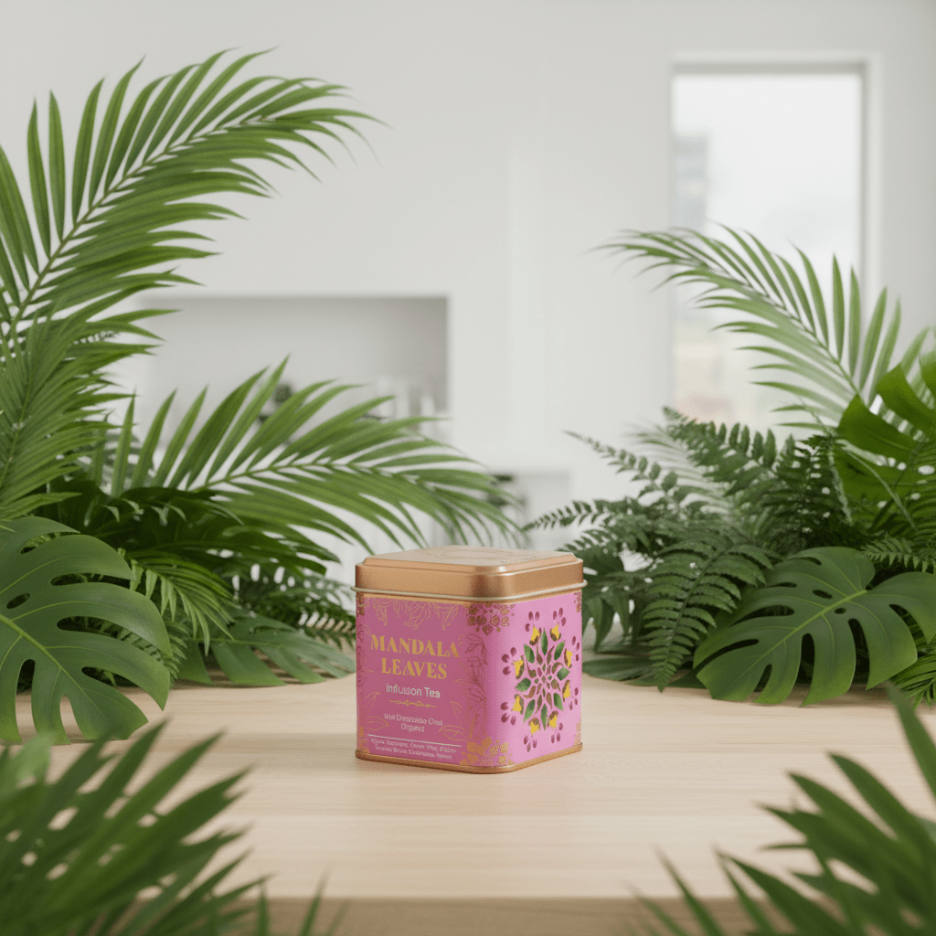 Pink tea canister with gold lid on a wooden surface surrounded by green plants
