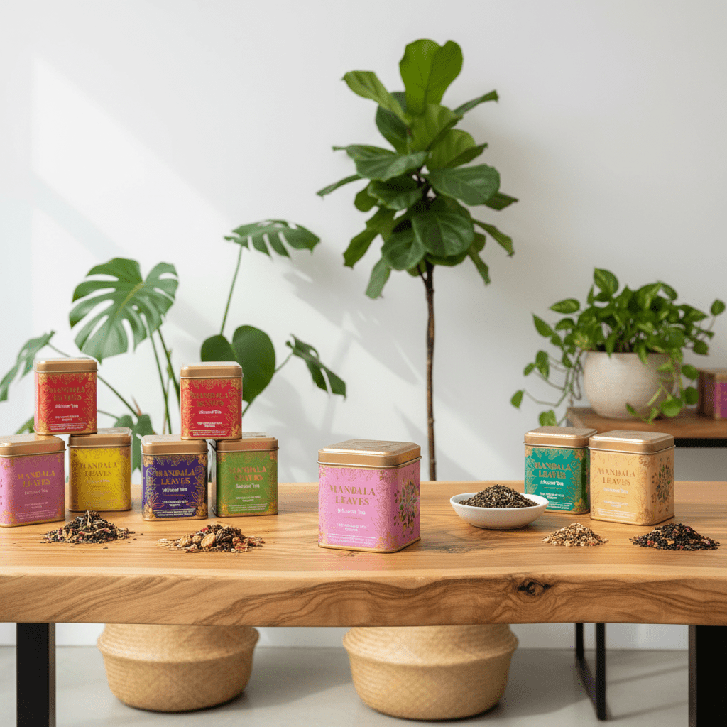 Assorted tea tins on a wooden table with plants in the background