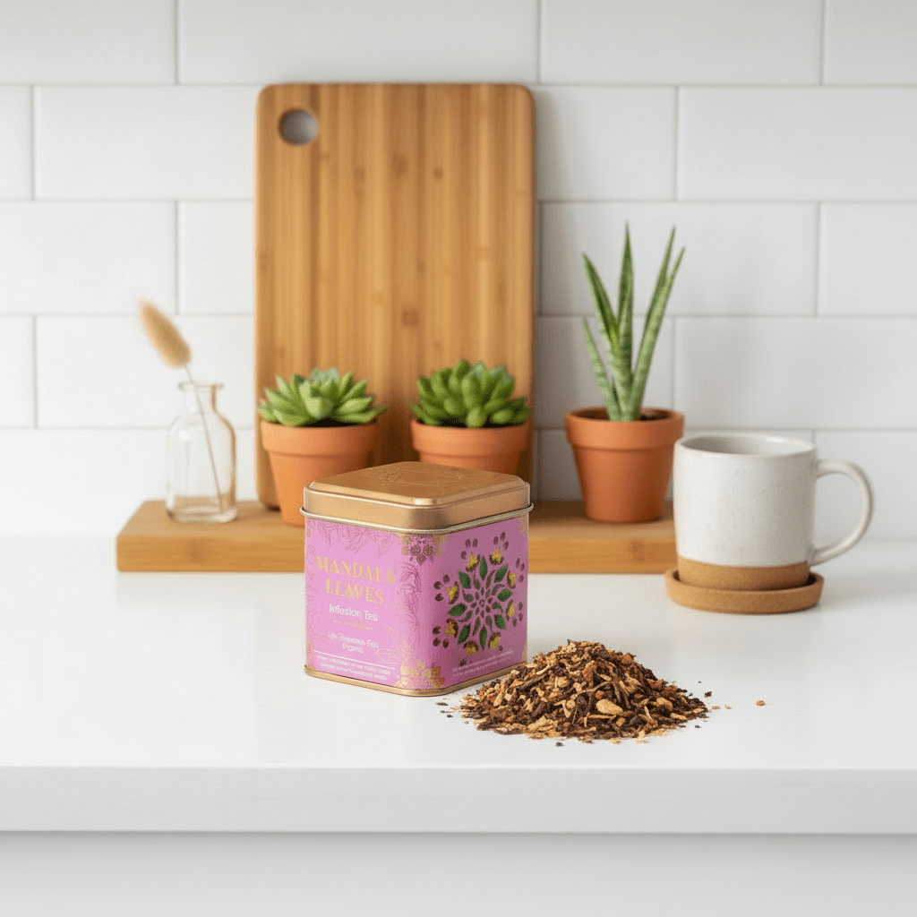 Tea canister with loose tea on a kitchen counter with plants and a mug.