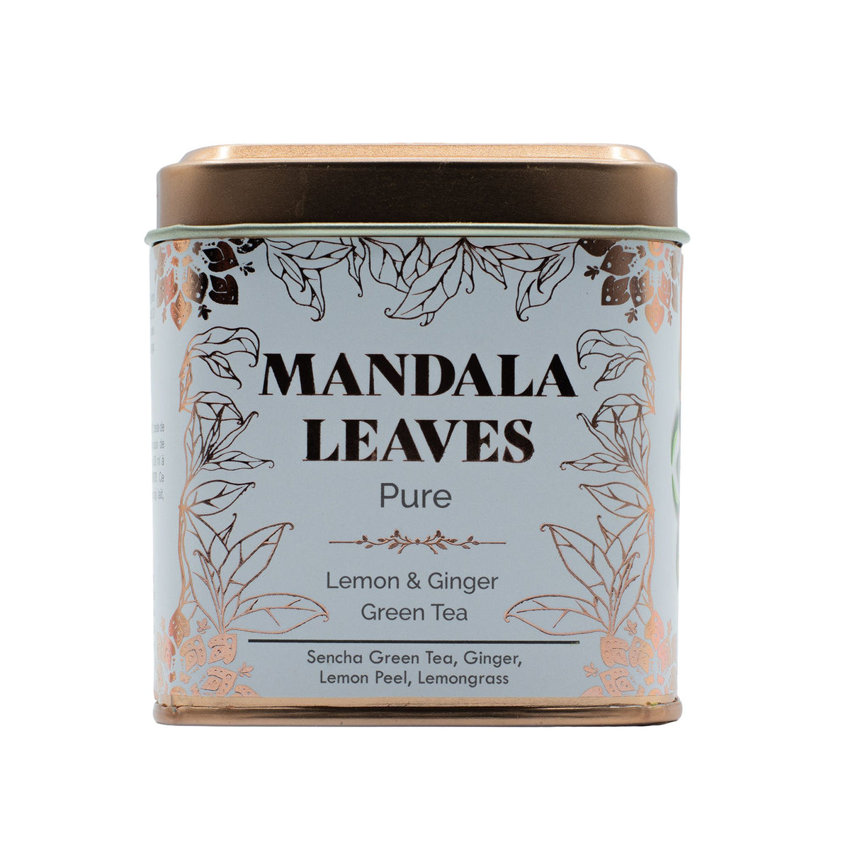 Tin of Mandala Leaves Pure Lemon & Ginger Green Tea on a white background