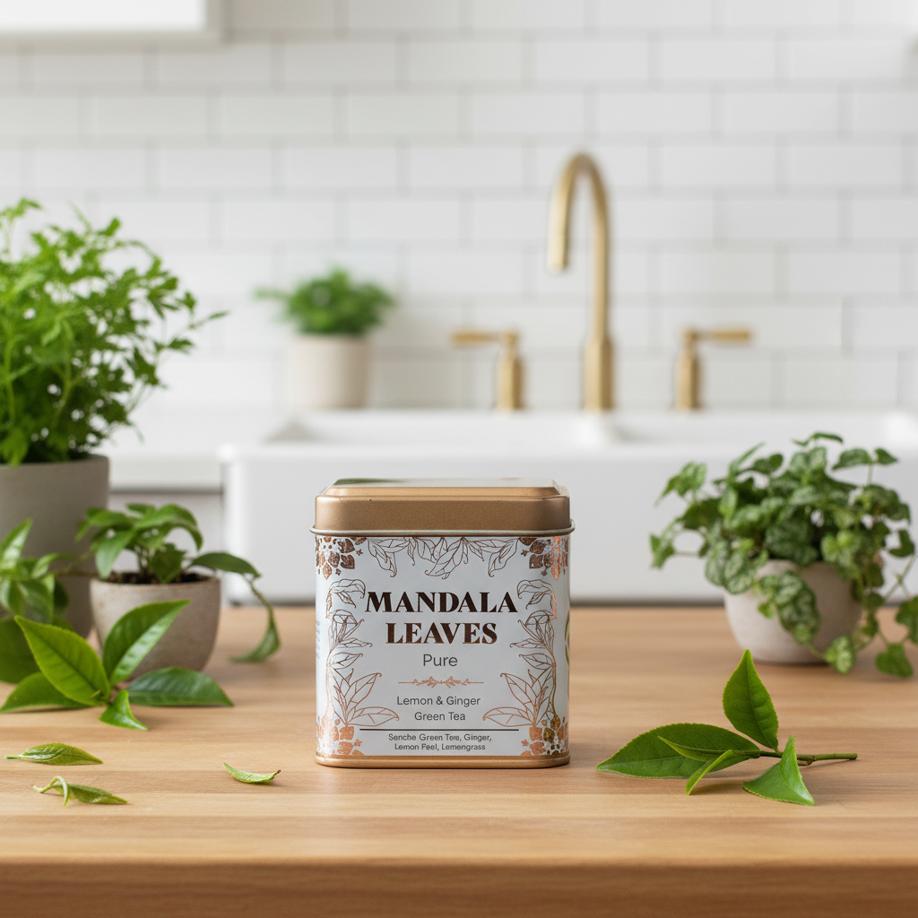 A tin of Mandala Leaves Pure Lemon & Ginger Green Tea sits on a wooden countertop in a bright kitchen setting with potted plants and a sink in the background.