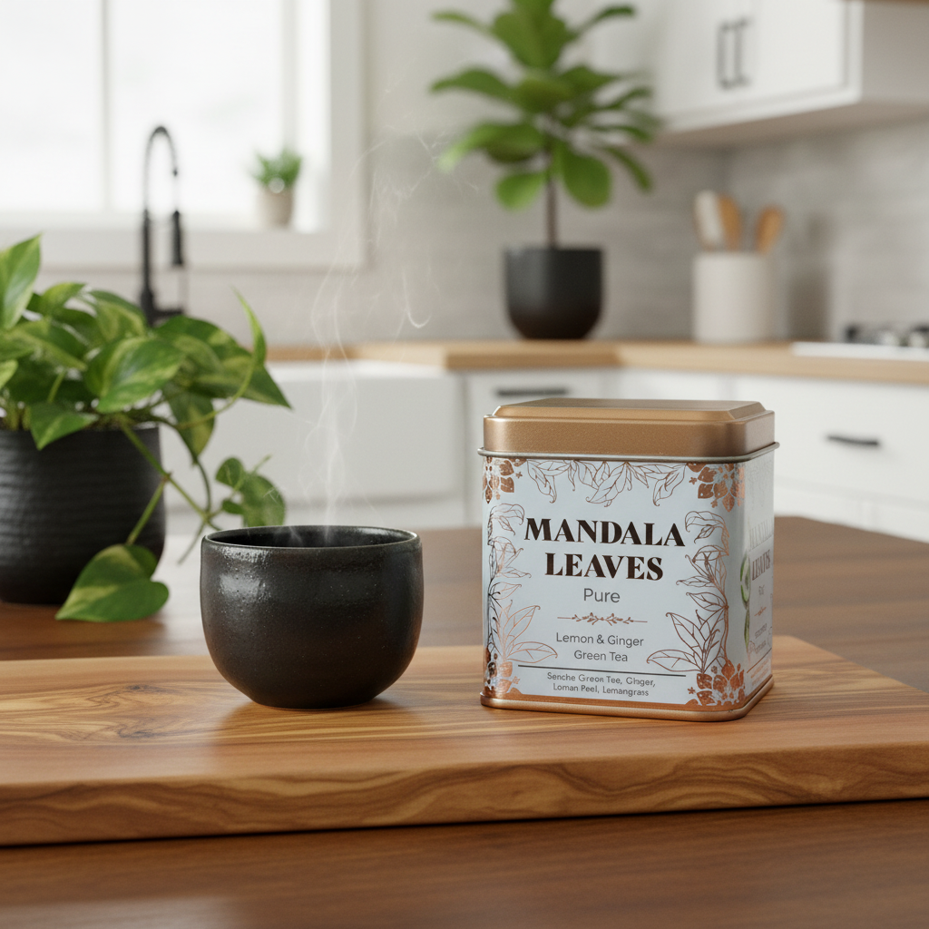 A tin of Mandala Leaves Pure Lemon & Ginger Green Tea sits on a wooden cutting board next to a dark ceramic cup with visible steam in a bright, modern kitchen setting.