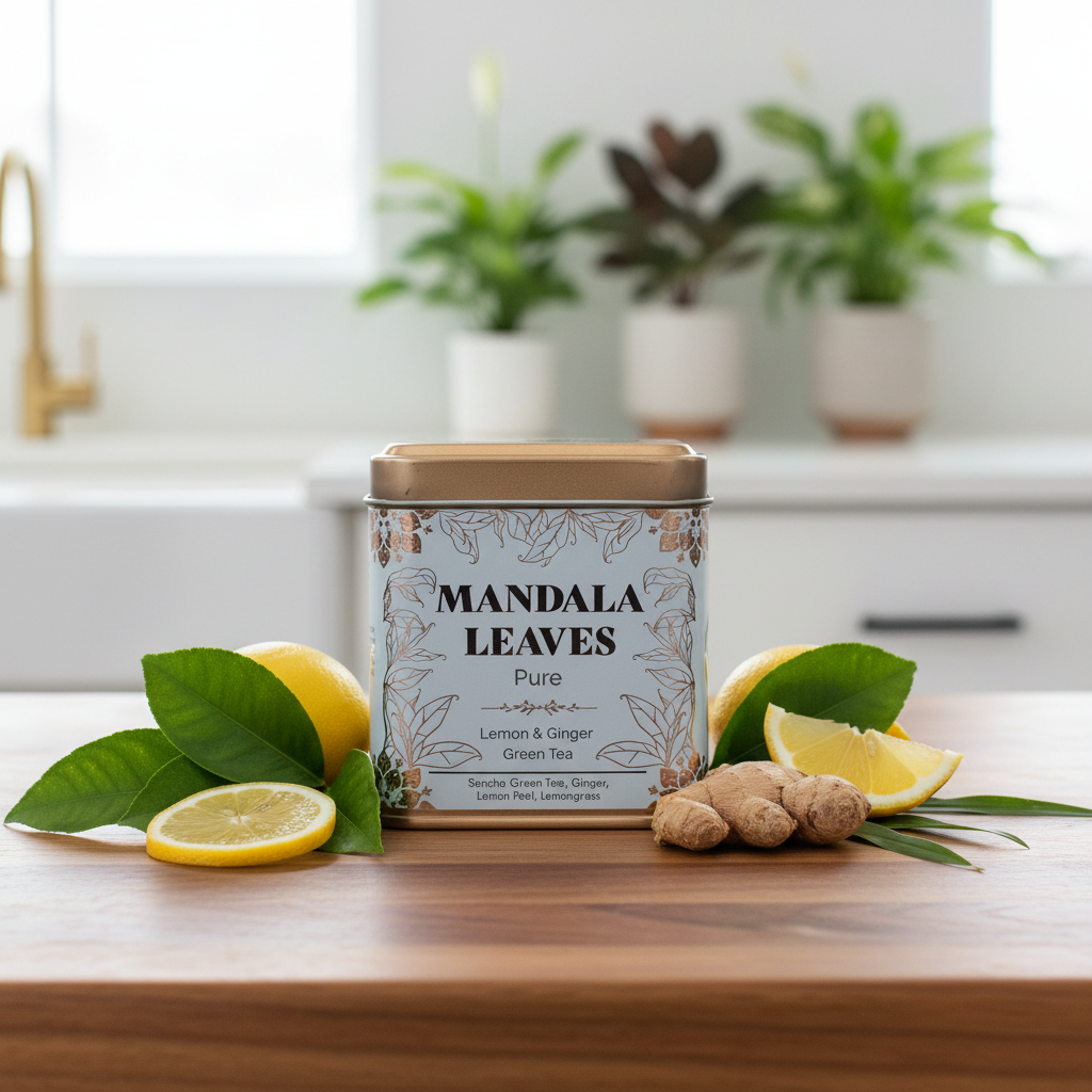 A tin of Mandala Leaves Pure Lemon & Ginger Green Tea sits on a wooden countertop, styled with fresh lemons, green leaves, and ginger roots. The background shows a softly blurred kitchen setting with potted plants.