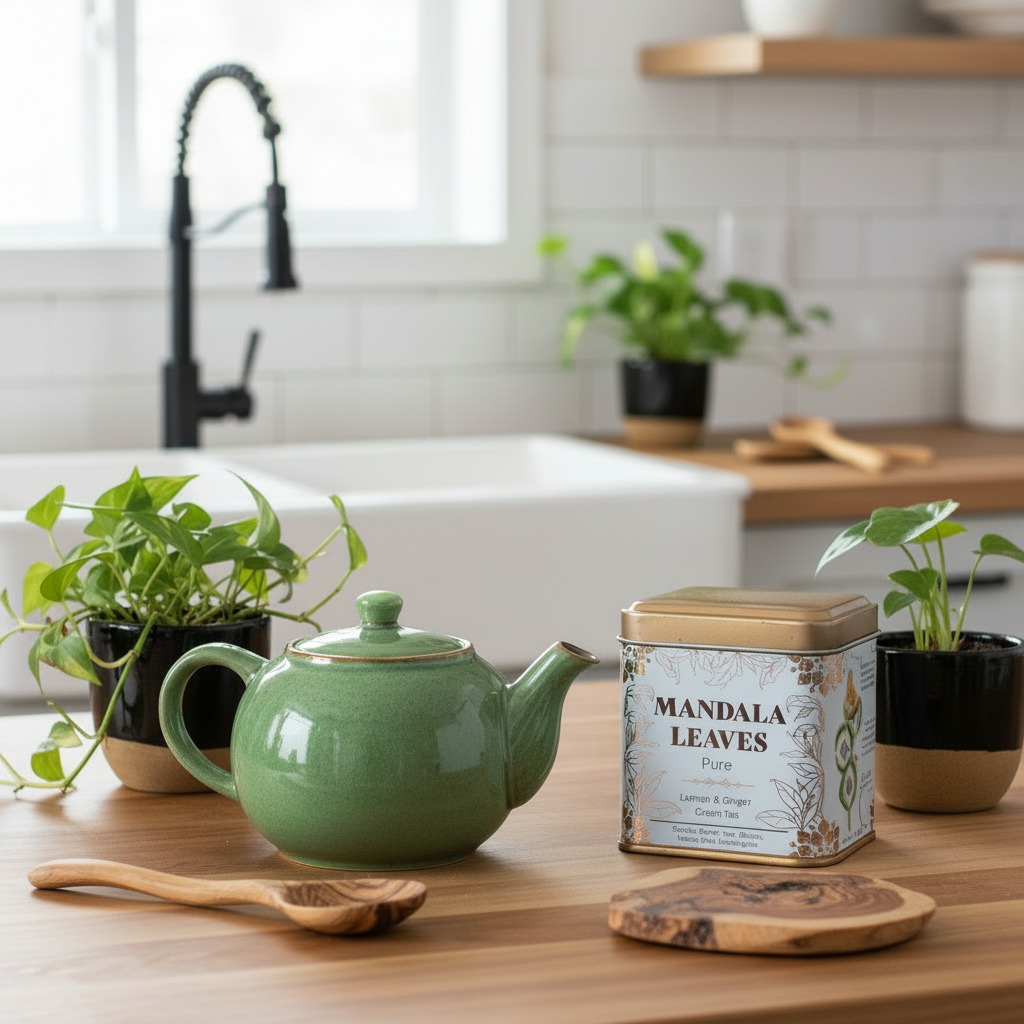 A green ceramic teapot sits on a wooden countertop next to a tin of Mandala Leaves loose-leaf tea, with potted green plants and a white farmhouse sink in the background.