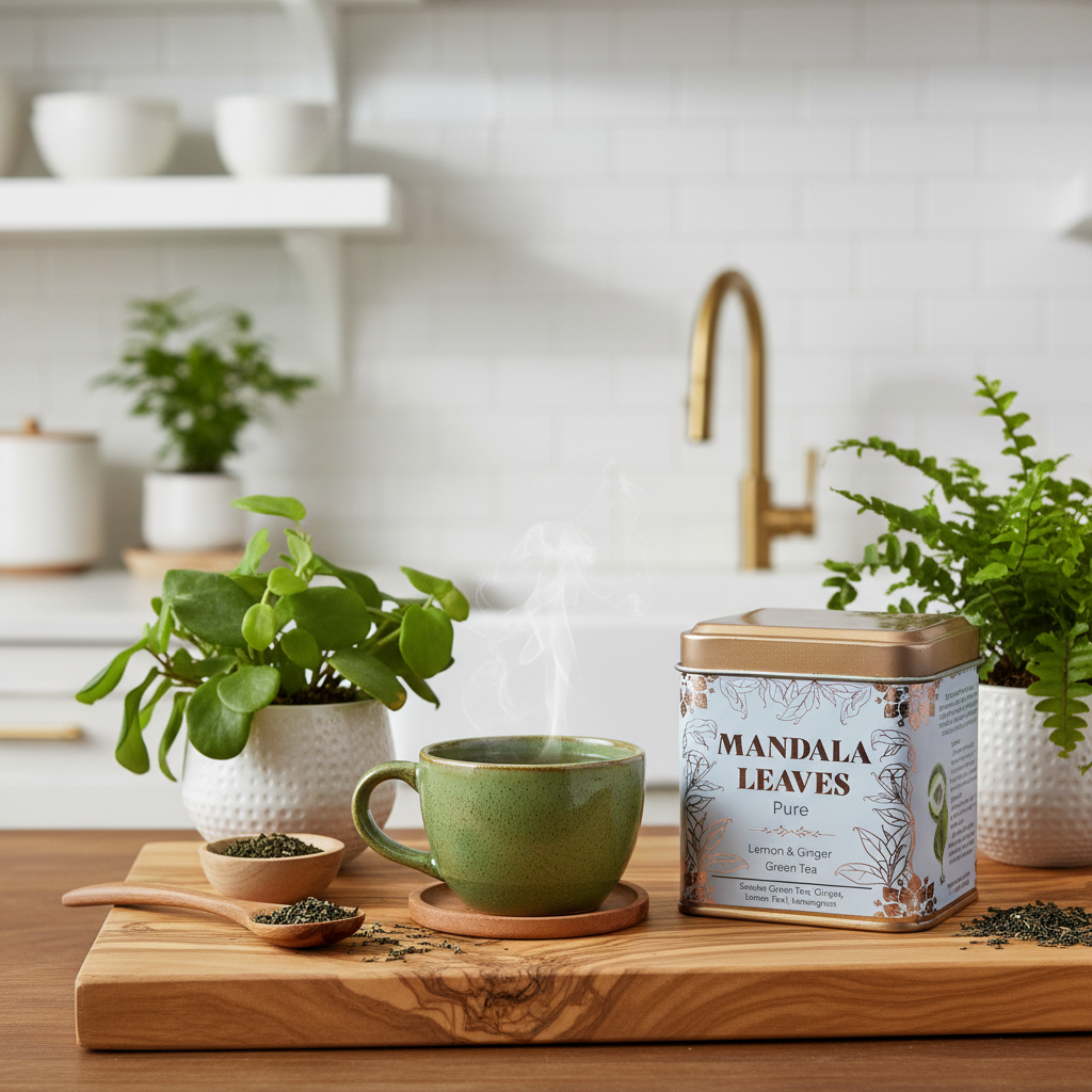 A tin of Mandala Leaves Pure Lemon & Ginger Green Tea sits on a wooden cutting board next to a green ceramic mug with steam rising, set in a bright, modern kitchen with potted plants and a gold faucet.