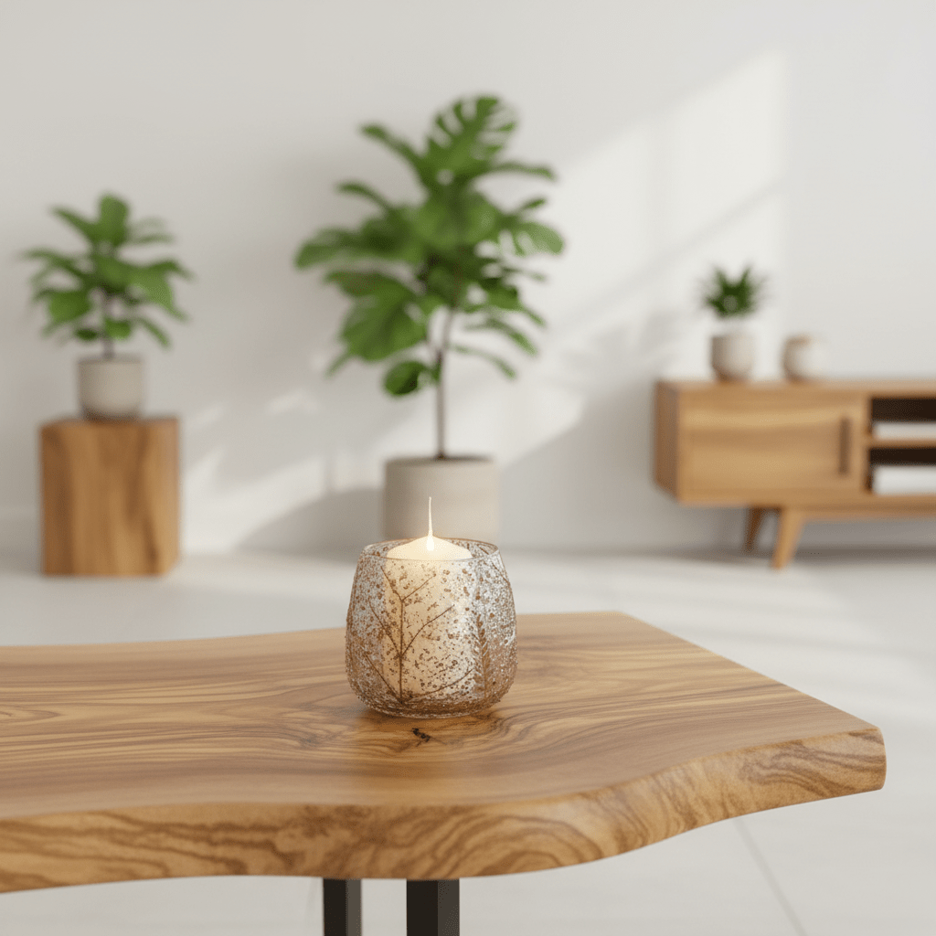Candle in a textured holder on a wooden table with a blurred indoor setting