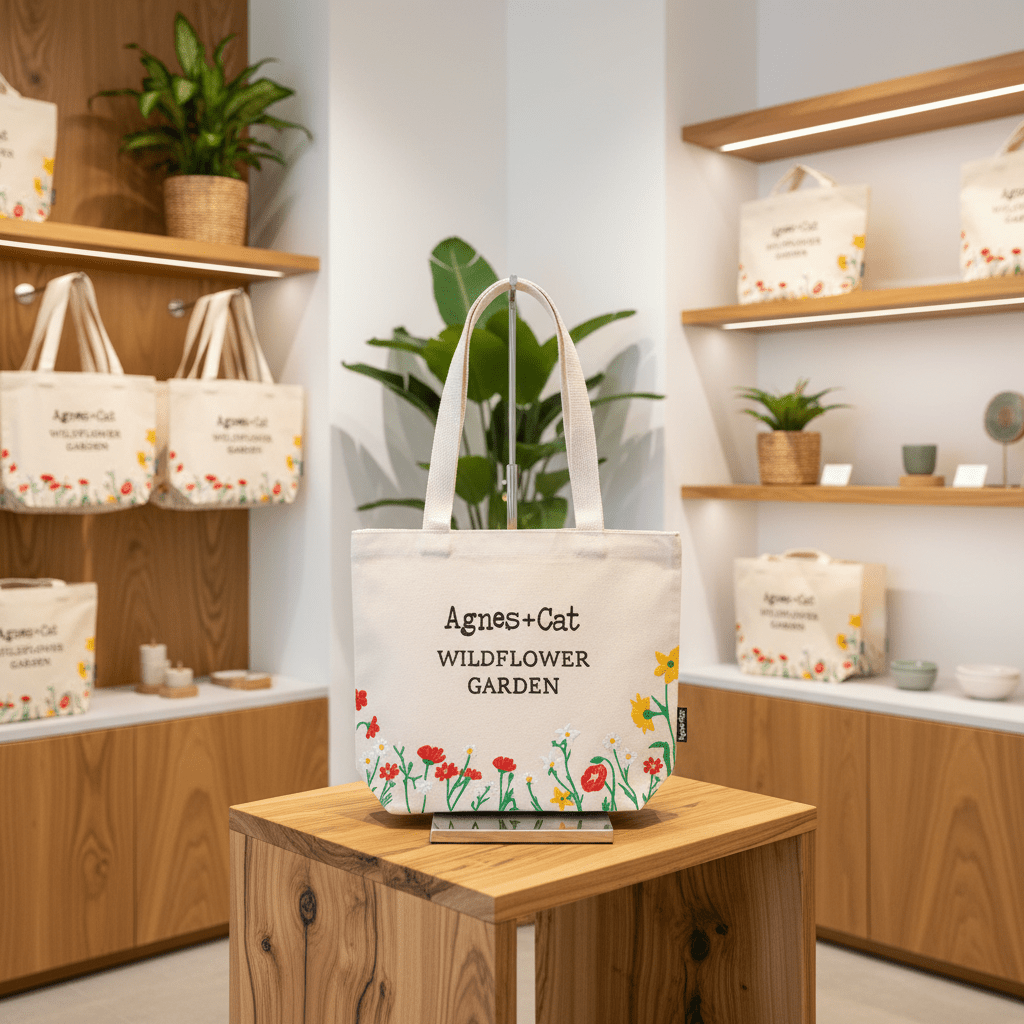 Tote bag with floral design and text on a wooden table in a store setting