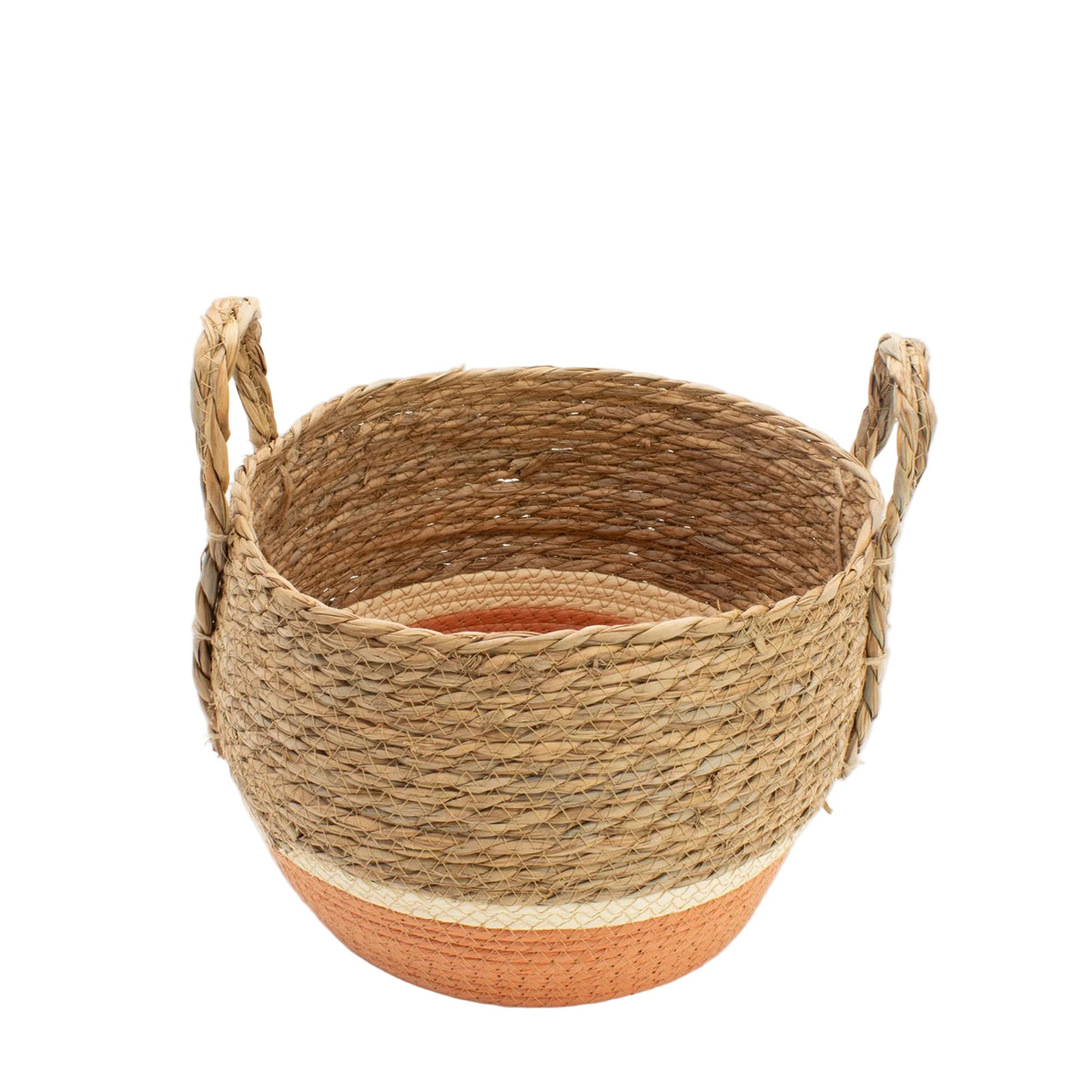 Medium woven basket showing its open interior, orange base and two side handles