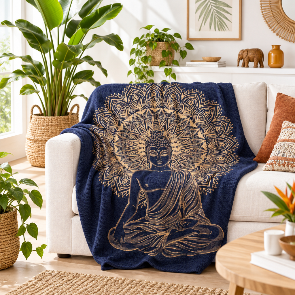 A navy blue throw with a large gold Buddha meditating under a peacock feather mandala design, draped over a white sofa in a bright, modern living room.