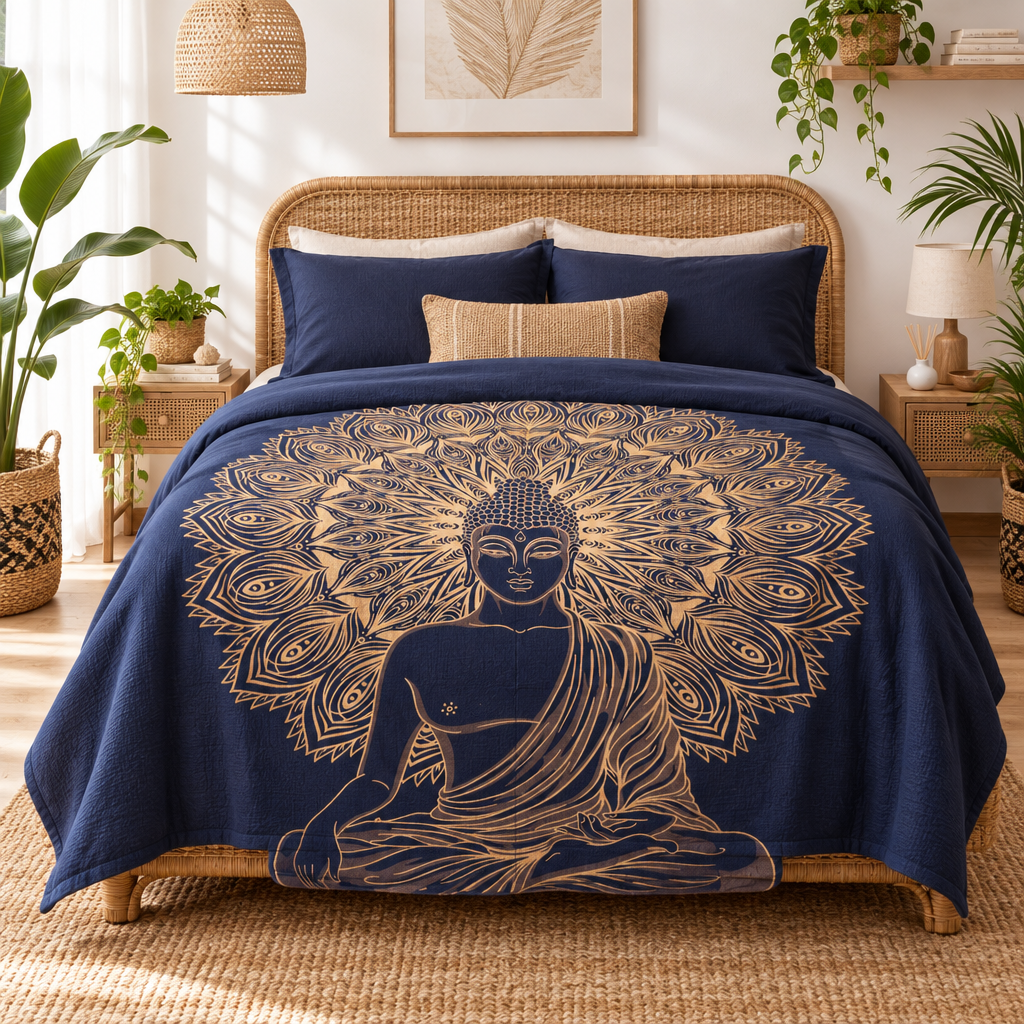 A navy blue bedspread with a large gold Buddha meditating in front of a peacock-feather mandala design, styled in a bright, modern bedroom with a wicker headboard, plants, and warm natural light.