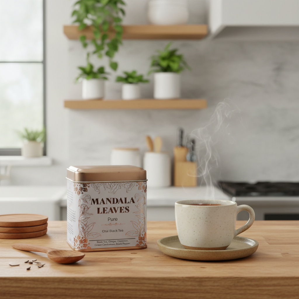 A tin of Mandala Leaves Pure Black Tea sits on a wooden table next to a steaming ceramic cup on a saucer in a bright, modern kitchen setting.