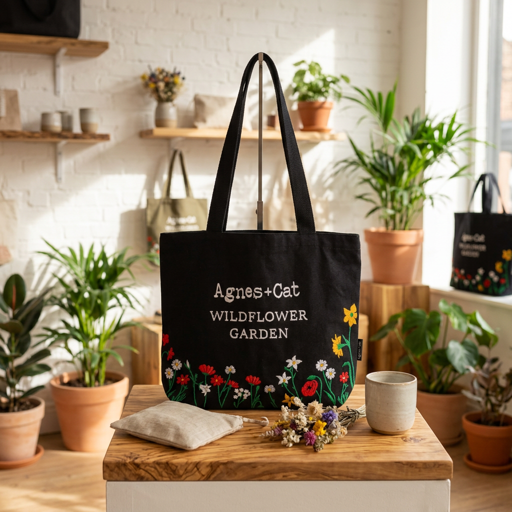 A black tote bag with white text reading 'Agnes+Cat WILDFLOWER GARDEN' and colorful wildflower illustrations along the bottom, displayed on a wooden table in a sunlit indoor garden setting with potted plants and small accessories.
