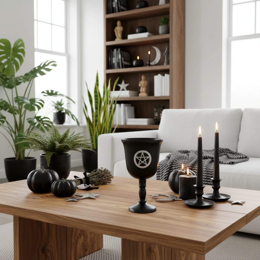 A styled living room scene with a wooden coffee table holding black decorative items, including a goblet with a white pentagram symbol, two black taper candles in holders, small black pumpkins, and star-shaped ornaments. A white sofa, potted plants, and a wooden bookshelf are visible in the background.