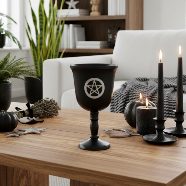 A black goblet-style candle holder with a white pentagram symbol on the front, styled on a wooden table in a cozy living room setting with candles, pumpkins, and plants.