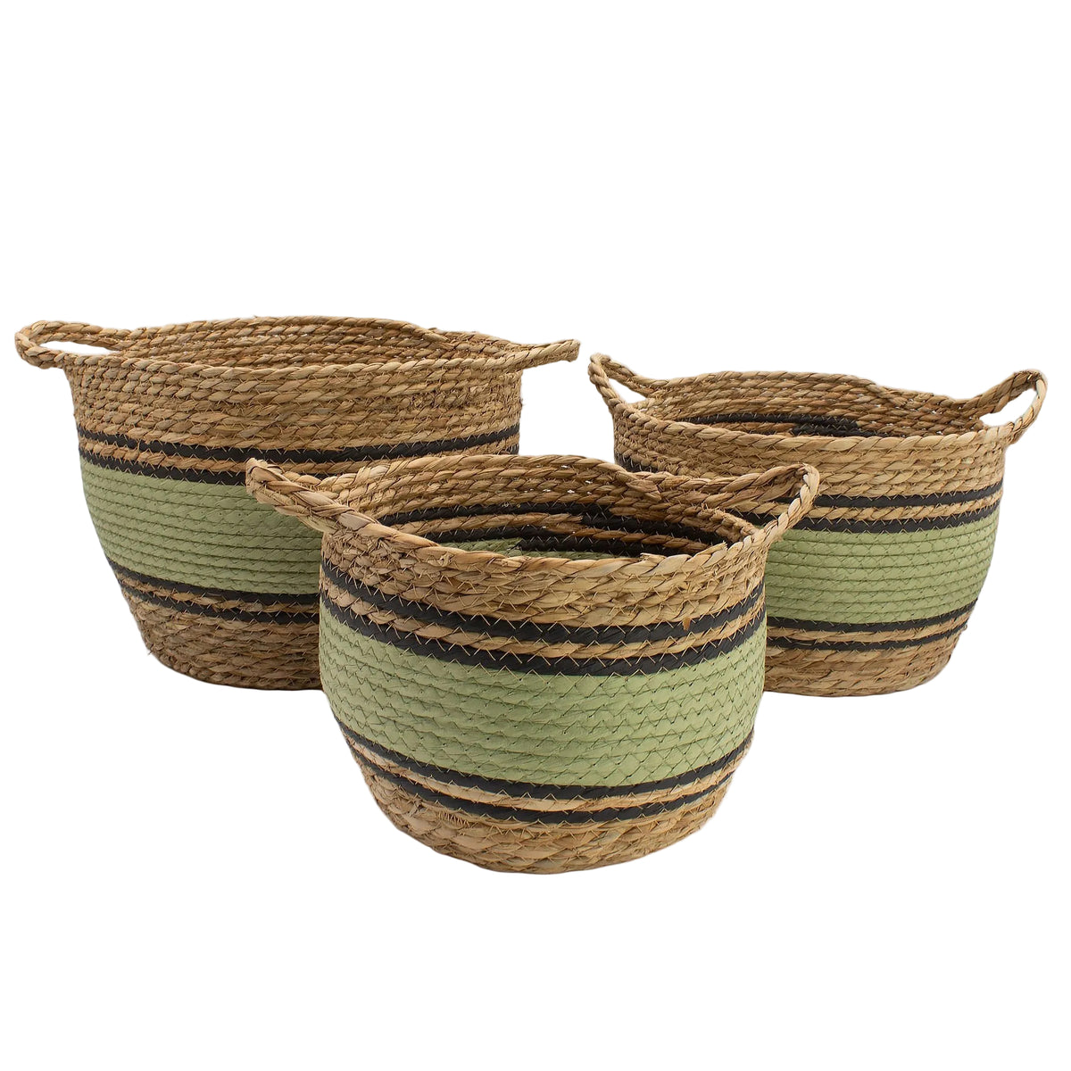 Set of three natural woven baskets with soft green bands, black stripes and side handles