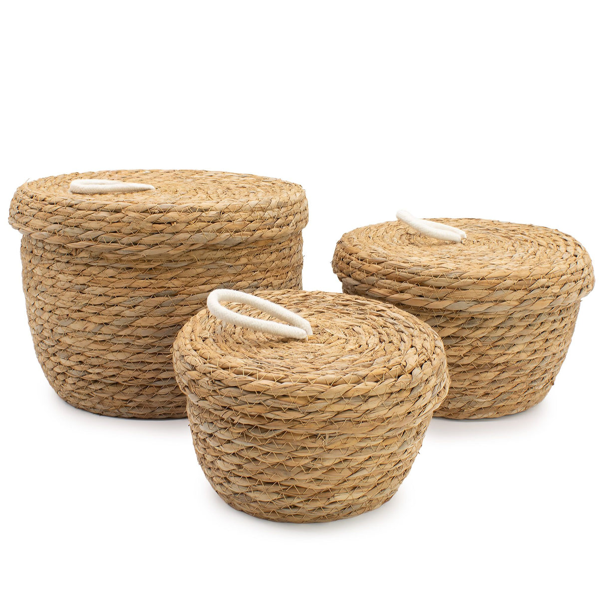 Set of three natural woven round baskets with matching lids and white loop handles