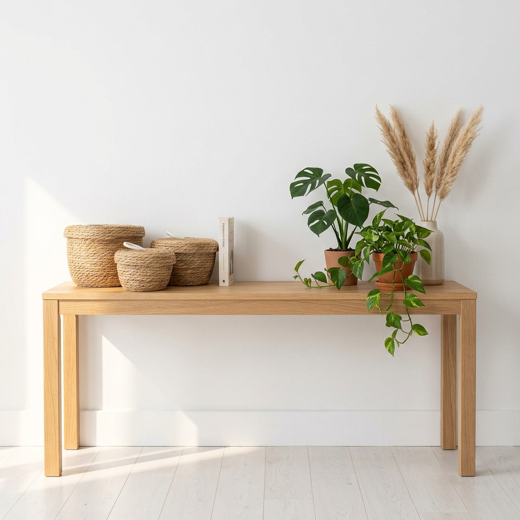 Three natural woven lidded baskets displayed on a wooden console beside books, green plants and a vase of dried grasses