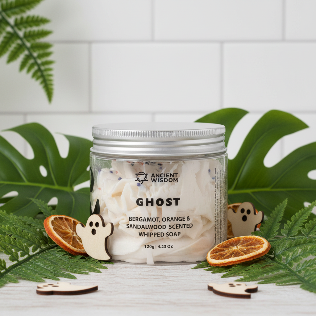 A jar of Ancient Wisdom Ghost scented whipped soap sits on a white surface surrounded by green monstera leaves, dried orange slices, and wooden ghost cutouts. The jar has a silver lid and a white label with black text.