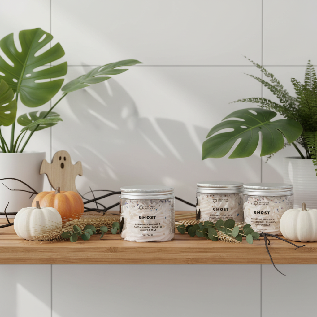 Three glass jars of Ghost whipped cream soap are arranged on a wooden shelf with decorative pumpkins, greenery, and potted plants against a white tiled wall.