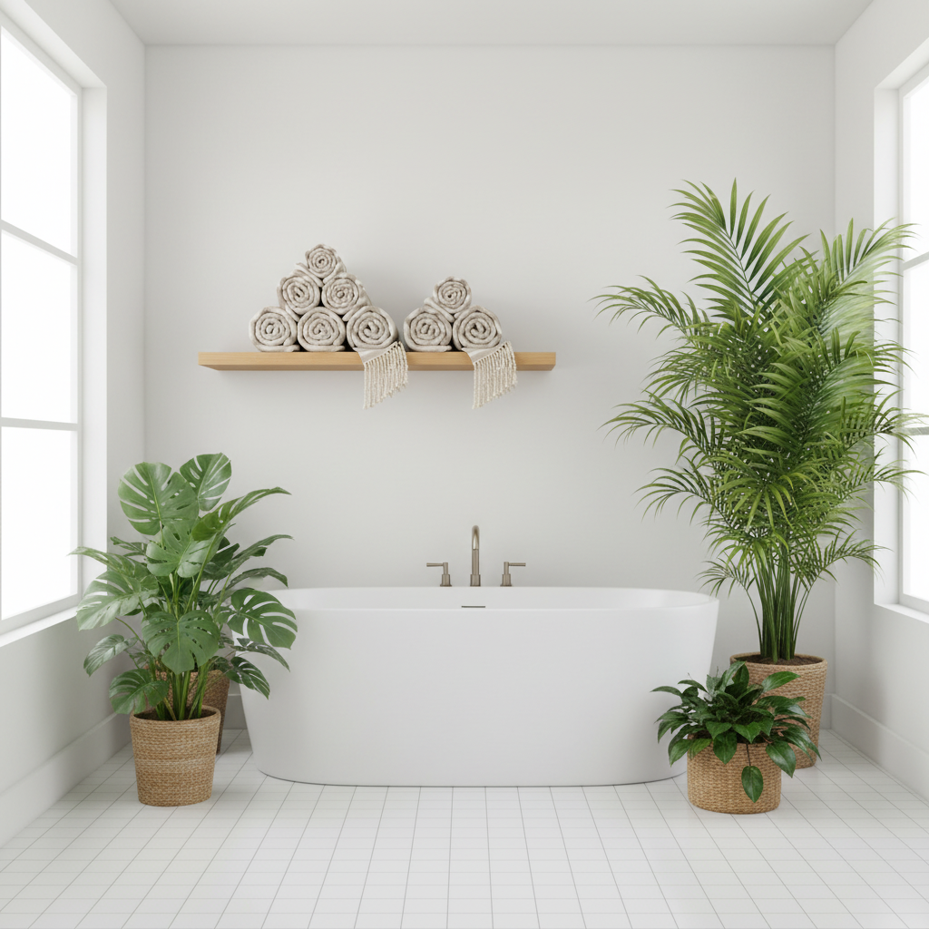 A bright, modern bathroom scene with a white freestanding bathtub centered against a white wall, surrounded by potted green plants and a wooden shelf with rolled towels above.
