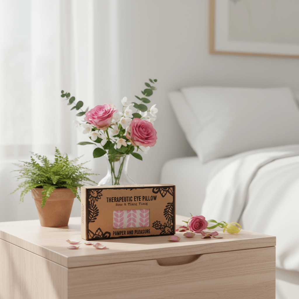 Therapeutic eye pillow box on a wooden table with flowers and plants in a bedroom setting