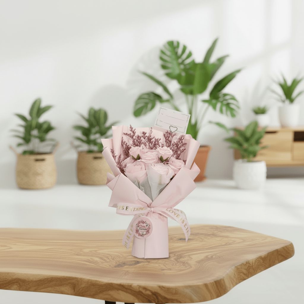Bouquet of flowers wrapped in pink paper on a wooden table with plants in the background