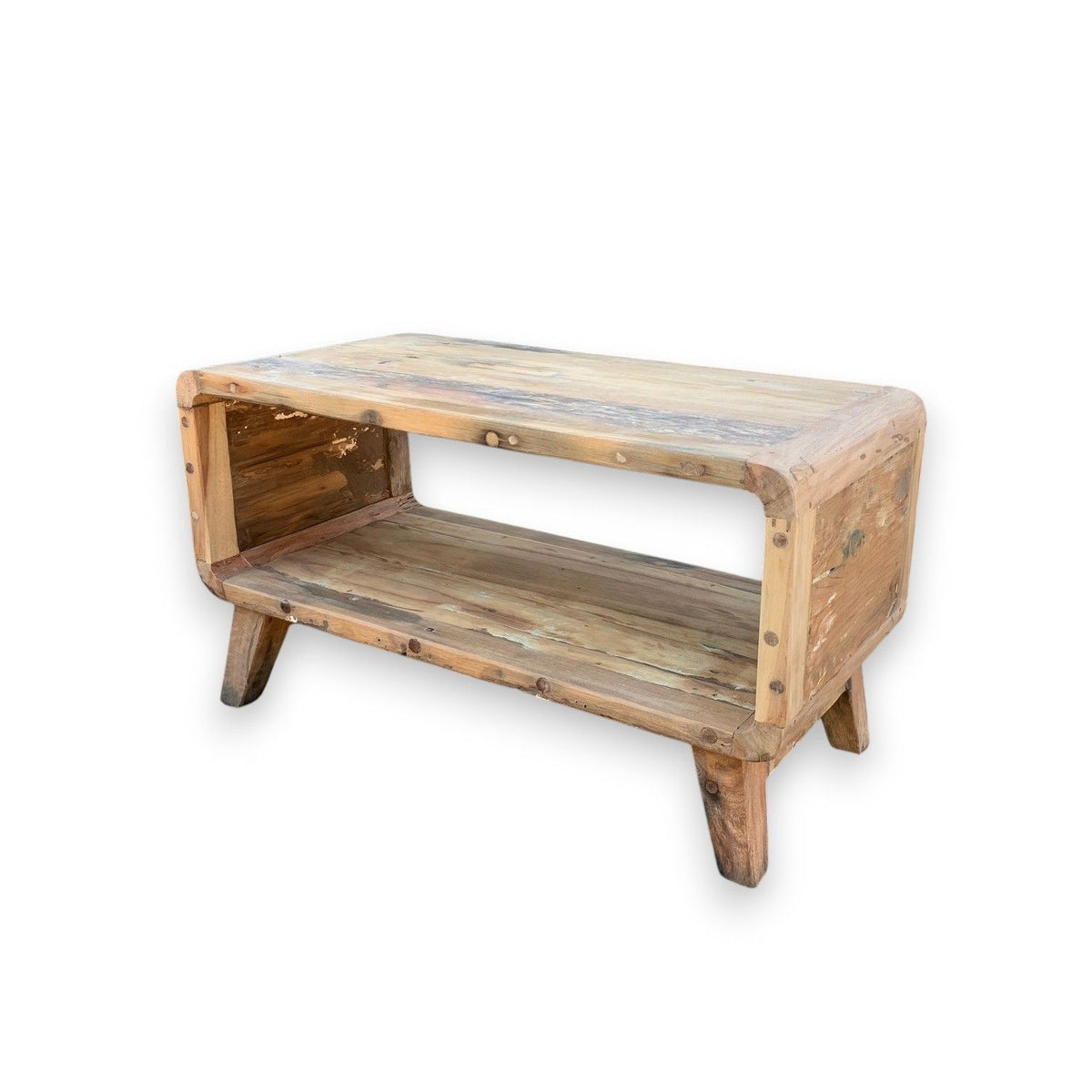Rectangular recycled teak coffee table with rounded corners, lower shelf and rustic colour traces