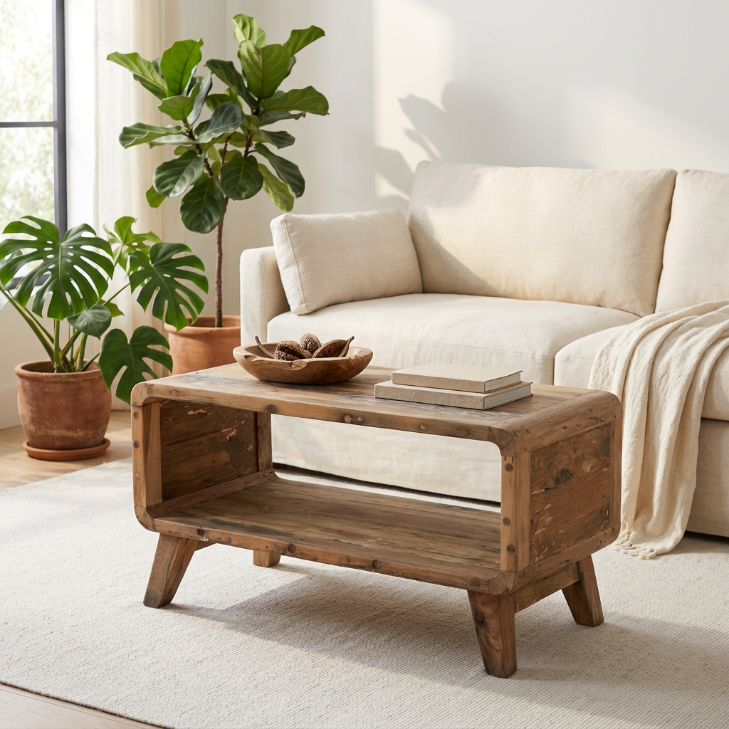 A rustic wooden coffee table with an open lower shelf, styled in a bright living room next to a cream sofa and potted plants.