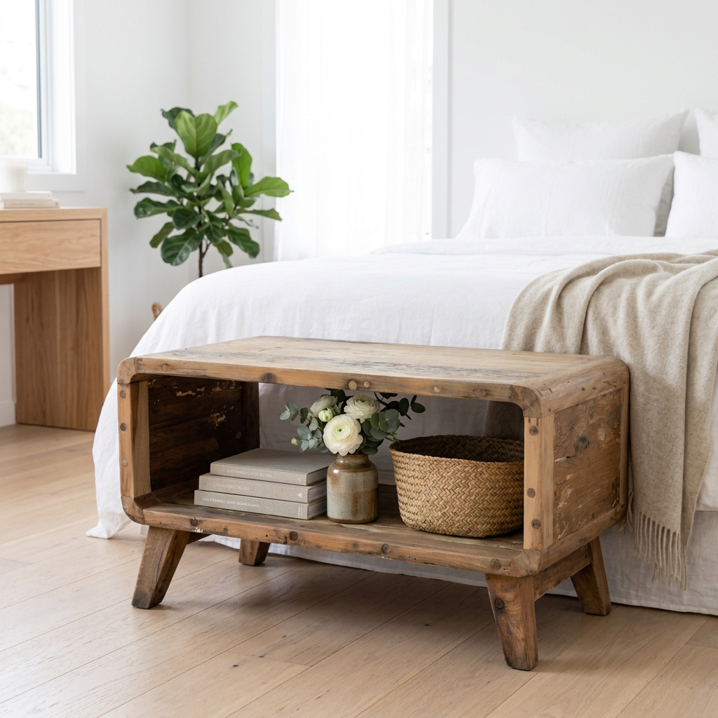 Recycled teak coffee table with an open lower shelf, styled with books, flowers and a basket at the foot of a bed