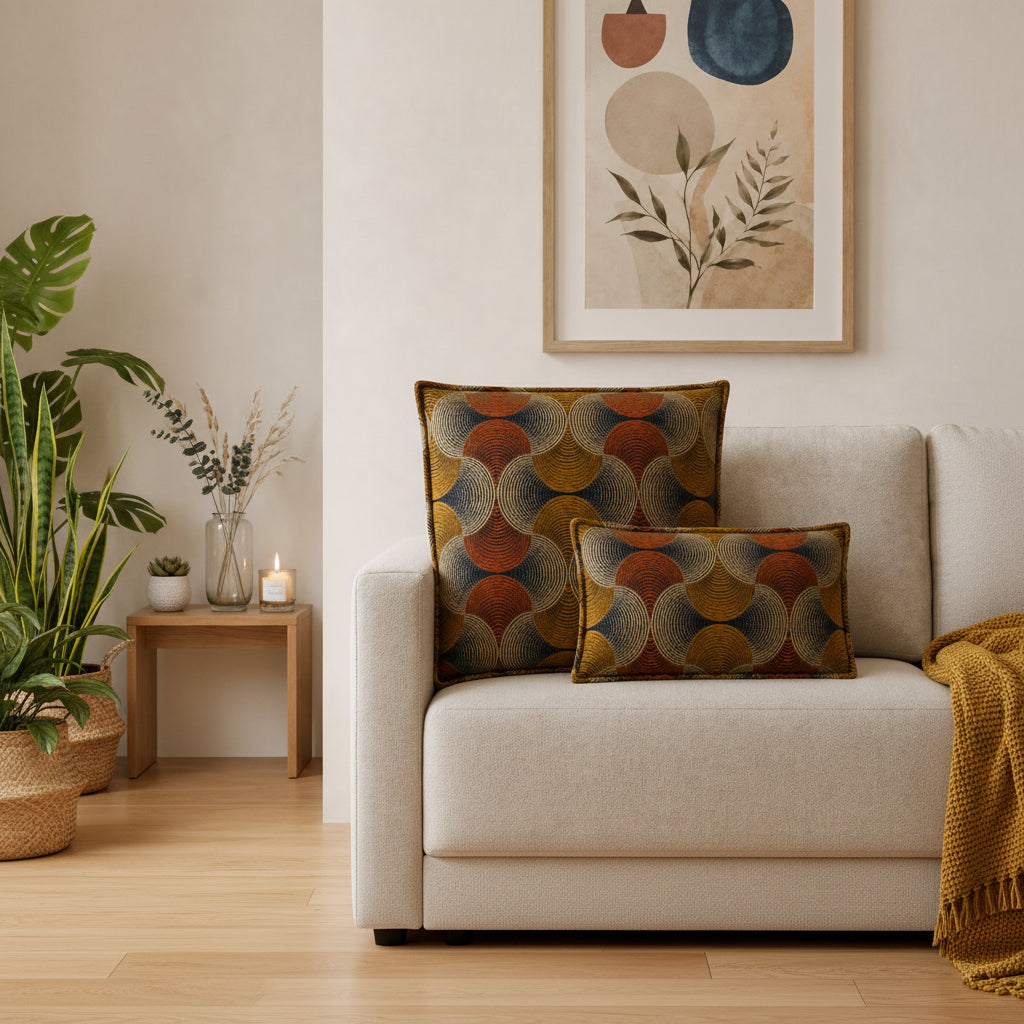 Urban Swirl cushion cover styled on a neutral sofa