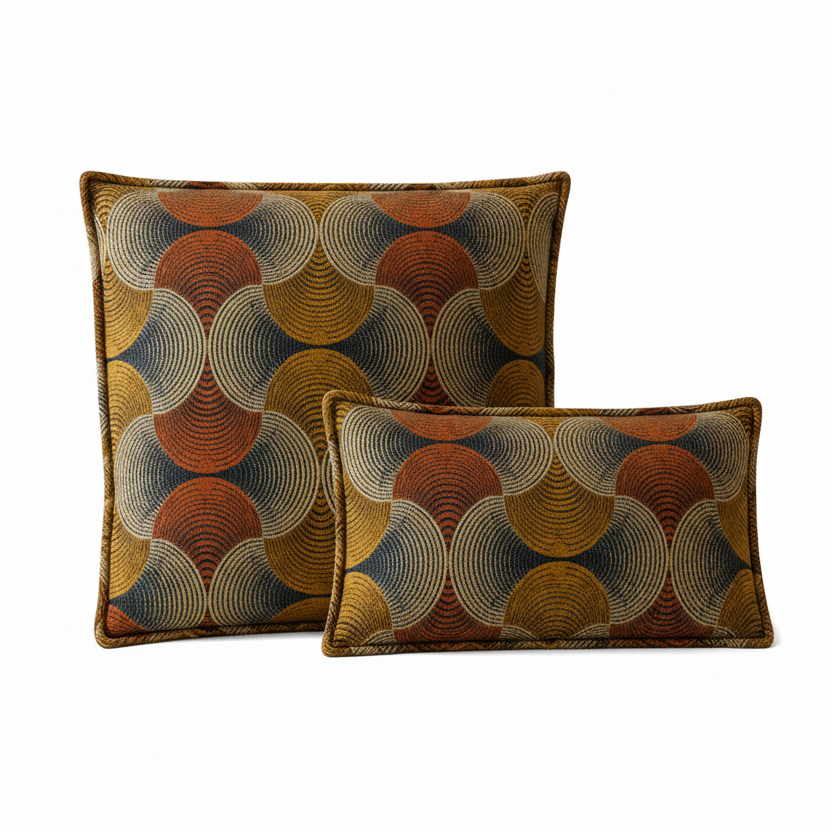 Two decorative throw pillows with a mid-century modern geometric pattern of interlocking concentric circles in rust orange, mustard yellow, navy blue, and cream, set against a plain white background.